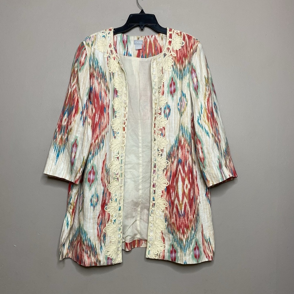 Chico's Open Cardigan Women's Sz‎ 4 U.S 20/22 Soutache Trimmed Linen Jacket